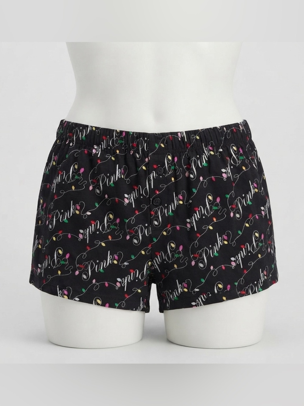 Victorias Secret PINK Christmas Pajama Boxer Modal Shorts M Black Holiday Lights